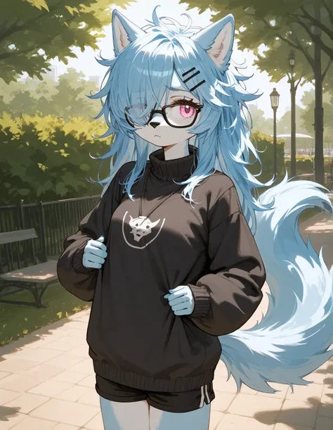 score_9,score_8_up,score_7_up, a young nerdy Anthro furry wolf woman, wolf snout, light blue furry body, tall body, awkward, long navy black messy hair, hair in a pony tail, hair covering one eye, black glasses, blue and pink eyes, small breasts, wearing o...