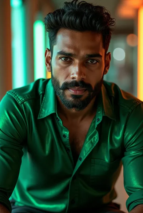 Indian man (Tamil), 20 years old, Handsome and elegant,beardless, Wearing a  transparent shinning dark green with neon light wet shirt, sexy , Masculine and handsome，musculous，Muscles look good，hairy bodies, with fair skin,, Full body photo,(ultra-detailed...