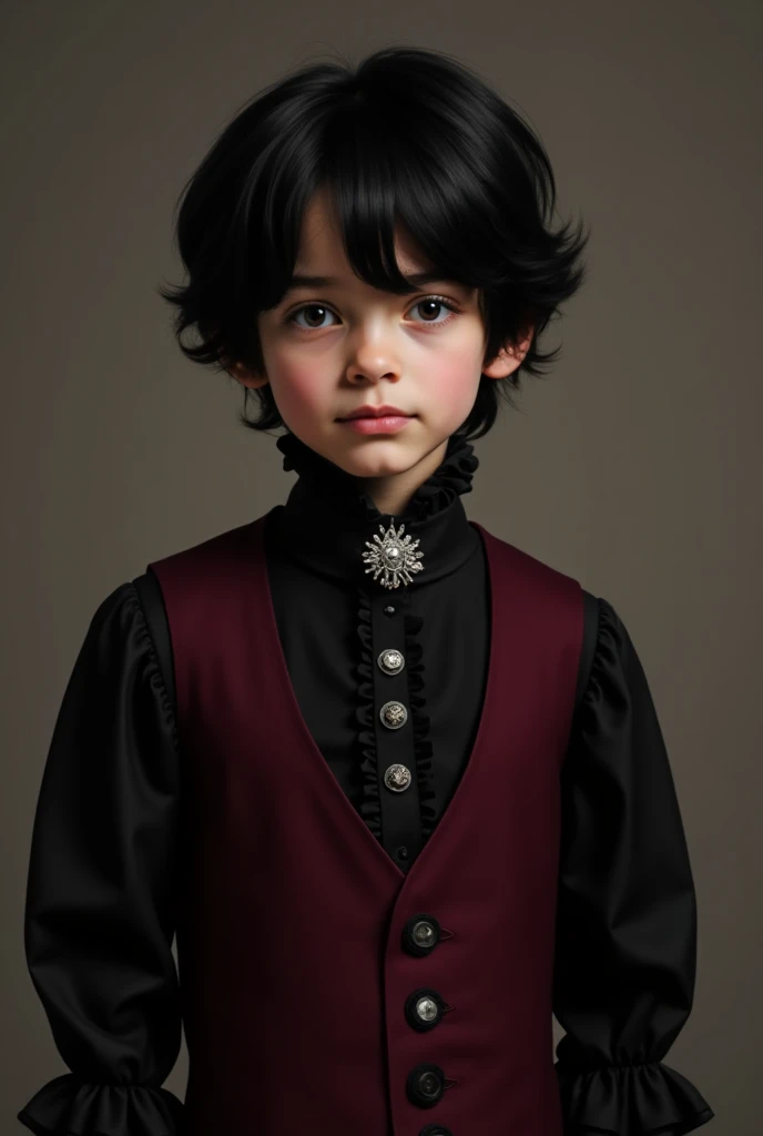  You can generate an image of a boy with black hair wearing a Victorian or Gothic style clothing set.  The main garment is a black shirt with long, puffed sleeves , which has ruffles on the cuffs . Over the shirt,  there is a burgundy vest with three decor...