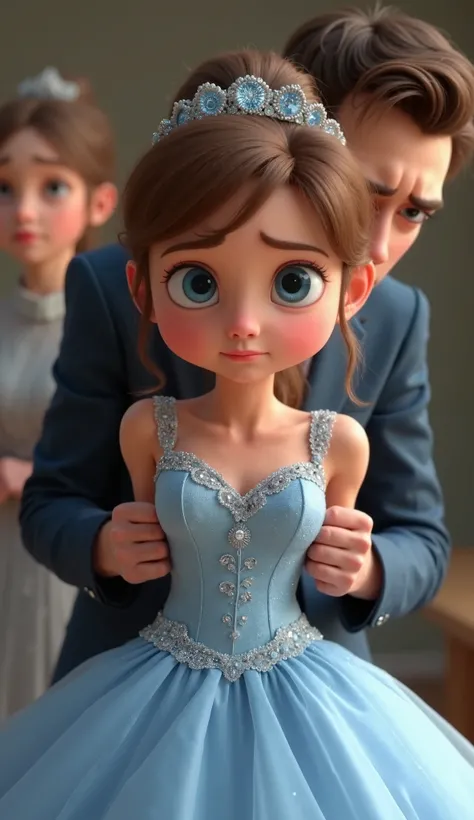 A very clear ultra hd animated image of "The bride struggles against her father’s grip as he holds her back. His face is stern, but hers is filled with anger and desperation. The bride is A young girl about 20 with large, expressive blue eyes. Her face is ...