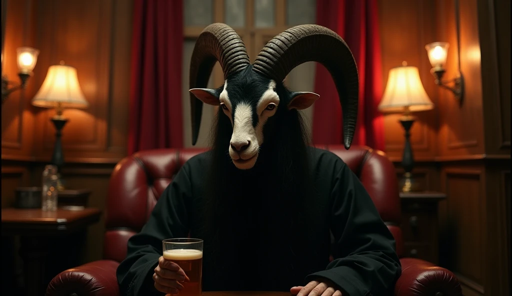 A humanoid figure with the head of a black and white goat, featuring large curved horns, long black hair, and piercing eyes. The figure is dressed in dark clothing and sits in a dimly lit, vintage-style lounge. The atmosphere is eerie and mysterious, with ...