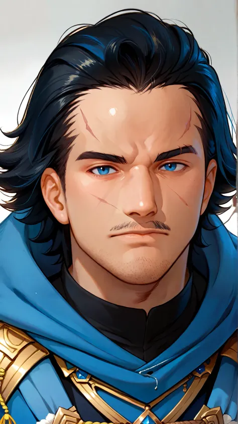  a JAPANESE man with black HAIR LONG speaks of a gradient with a scar on his eyebrow,  with blue eyes ,  wearing black armor with blue diamond stones  