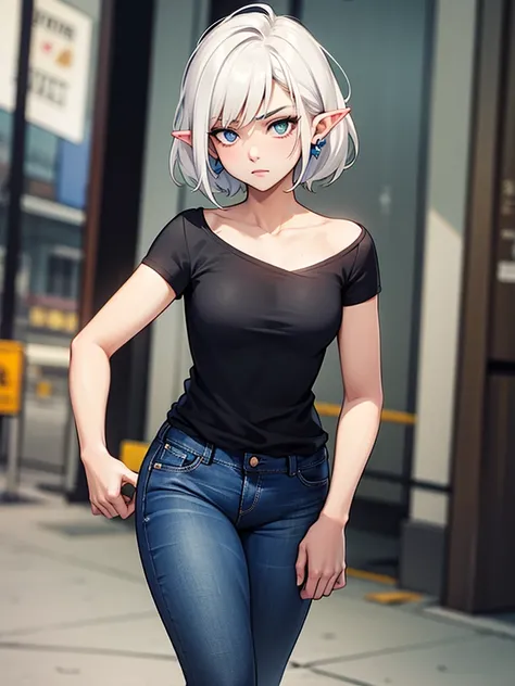 Young woman, very short white hair, small pointy ears, wearing a black shirt and blue jeans