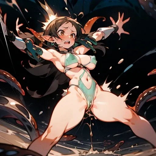 ((Human female warrior)), ((((gstring thong)))), ((gigantic breasts)), (transparent erect nipples), (((transparent transparent transparent white green leotard bikini fantasy warrior armor))), (((bare shoulder,))), ((slender:1.2)), (gigantic hips), (giganti...