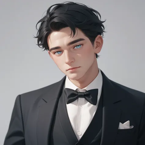 A young mature man, age 32 years,  white skin ,  Light blue eyes, formal disheveled black hair color black, wearing an official black suit