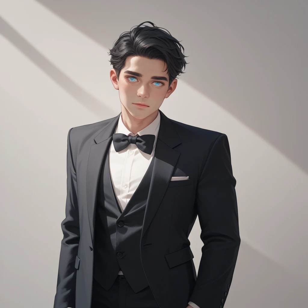 A young mature man, age 32 years,  white skin ,  Light blue eyes, formal disheveled black hair color black, wearing an official black suit