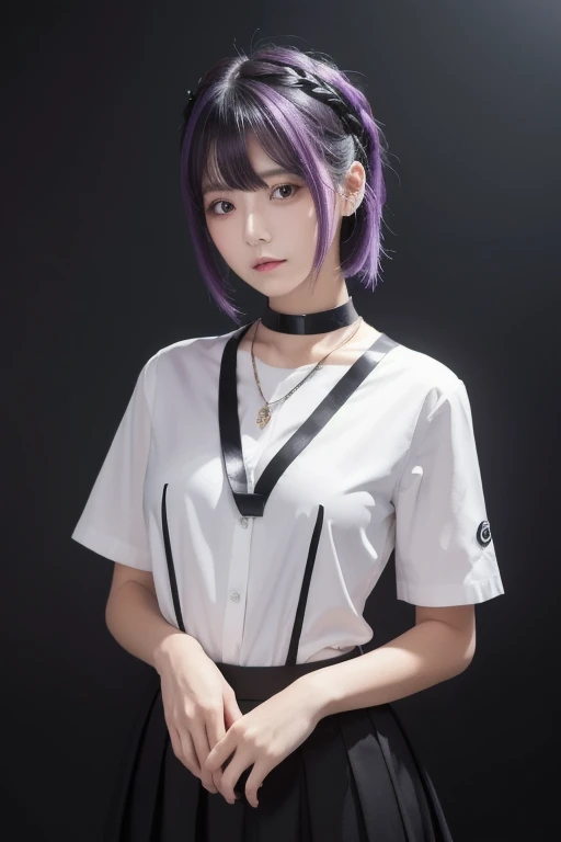 Masterpiece, 1 girl,Alone, A faint smile,  metal necklace ,  white shirt, Modern uniform ,  accessories,  purple and black two-tone hair color, Unique Hairstyle ,  stylish,  black background