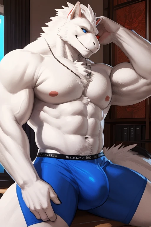 white masculine lizard, fit body, white big tail, bulge, hard bulge, full body, Sexy Muscular, Muscular, resting hand on bulge, perfect anatomy, realistic hand, (((whole body:1.1))), masterpiece, white beard, detailed eyes, blue eyes, (((white head:1.0，whi...