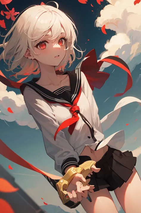  Short white hair blowing in the wind， glowing red eyes ，Petals spilled， masterpiece，Clouds around，Black cuffs，sailor， girl