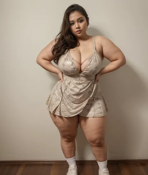 ((best quality)), ((masterpiece)), (detailed), perfect face, wanita chubby dewasa, wearing thight dress and thight skirt, chubby cheeks, chubby arm, chubby thighs, big breasts, wearing a sneakers, medium hair style, full body photoshoot, tattooed body