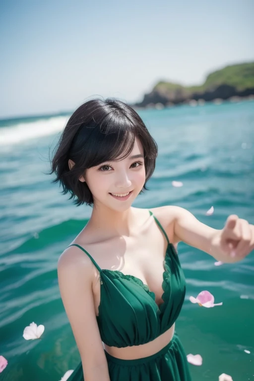 Beautiful and delicate portrait of a playful pretty girl with a short masculine hairstyle,  black hair, an emerald green sea,  mischievous smile , Dancing petals, ( top quality, Masterpiece,   ultra-realistic  )  flower petals floating in the background 