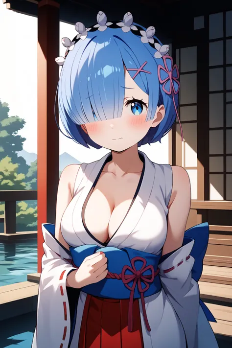 masterpiece,best quality,{{detailed beautiful face and eyes}}, very detailed background,
Rem,{{{megami magazine}}},short hair,blue hair,bob cut,hair over left eye,hair ornament,maid headdress,blue eyes,medium breasts,
(miko:1.1),{{red hakama}},hakama skirt...