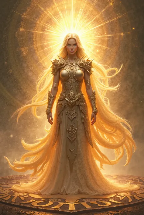 Medieval style, goddess of light and warrior standing in her light and title is Fantasy world 