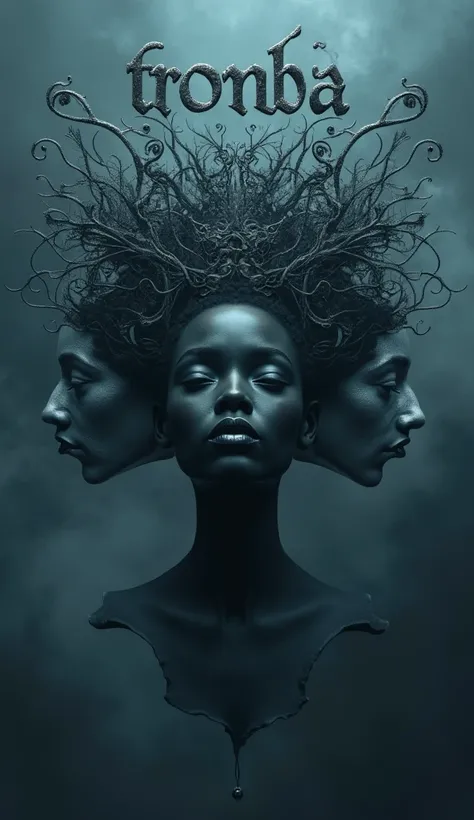 
Une œuvre d'art surréaliste et sombre représentant une tête africaine féminine noire avec trois visages noires fusionnés, flottant dans le vide au déssus d'un brume de fumée bleu sobre grisâtre intense. Ses cheveux sont un enchevetement de fils métalique ...