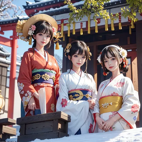 ( Masterpiece,  top quality),8k,close, warm colored lights,bangs、smile、 enjoy 、 top quality,  Masterpiece, new year, 

( Amazingly beautiful colored kimono :1.7), 

Three cute Japanese high school students,  stare straight , 

 smiles gently, 

White short...