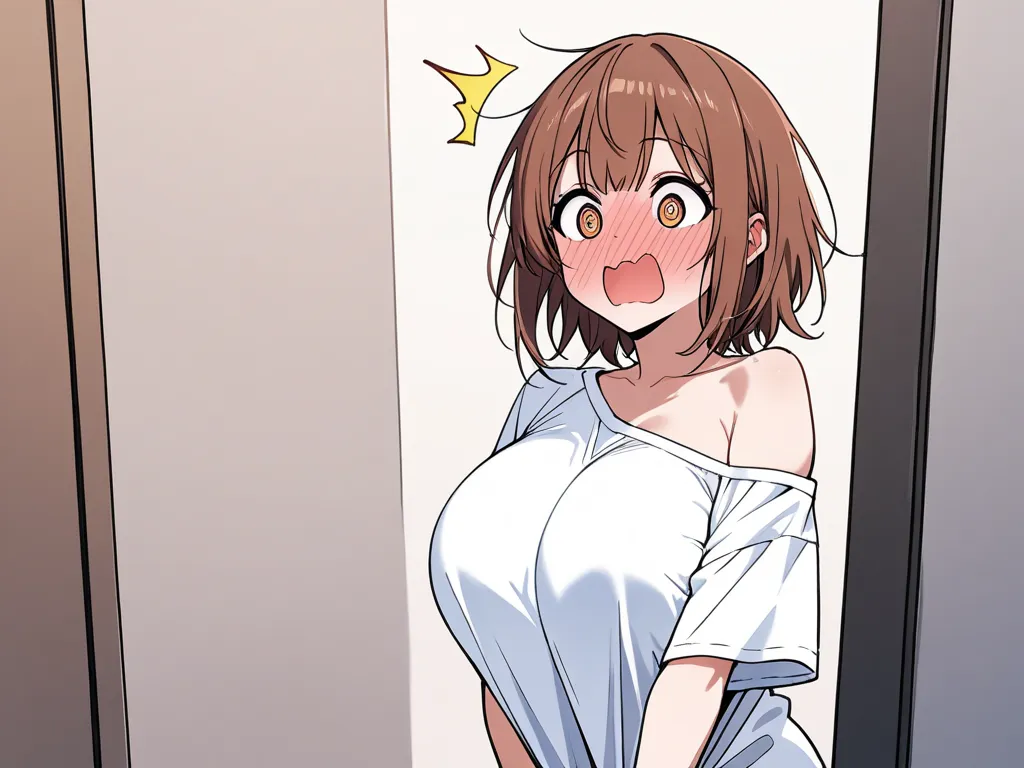 1 girl,oversized shirt, shirt,  off the shoulder , brown hair ,surprised face blush ,@_@,shirt, naked shirt, shirt tug, huge breasts, in front,