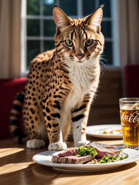 a close-up portrait of a serval at restaurant having a giant flank steak and a glass of Coca-Cola, detailed fur, intricate whiskers, intense eyes, soft lighting, realistic, photorealistic, high quality, 8k, best quality, ultra-detailed, professional, vivid...