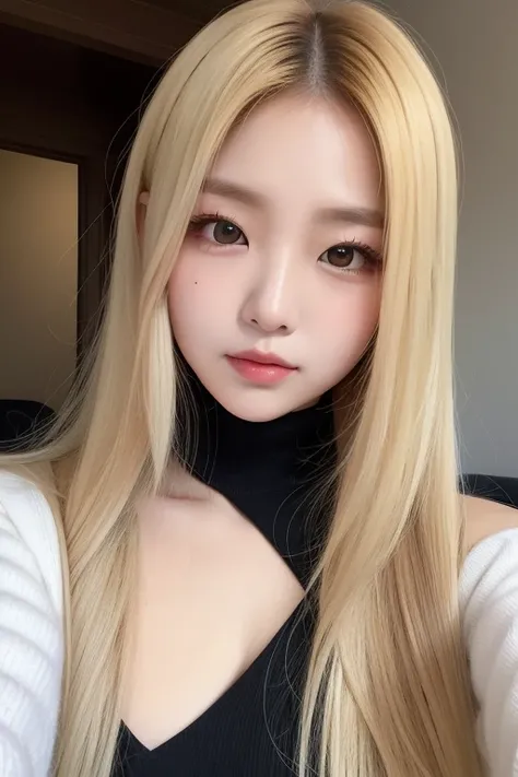 A girl with a tough personality, bright blonde, long hair, beautiful hair, a mole on the edge of her face, putting her hands on her cheeks on SNS and taking a selfie