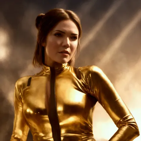 best quality, highres, 8k, masterpiece, photography, detailed midbody photorealistic portrait. Golden Glory exudes Mandy Moore's amber magnificence. Clad in a golden latex catsuit, she ties up her prey with golden restraints. Her dark hair is pulled into a...