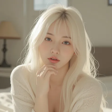 A photograph of a young Japanese woman with a sweet and innocent appearance. She has a fair, translucent complexion with a natural, dewy glow, giving her skin an almost ethereal radiance. Her long, flowing pure white hair cascades down her back and over he...