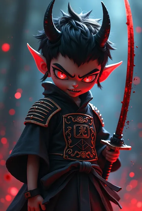 Animated demon boy character in modern samurai costume with a dark bloody katana 