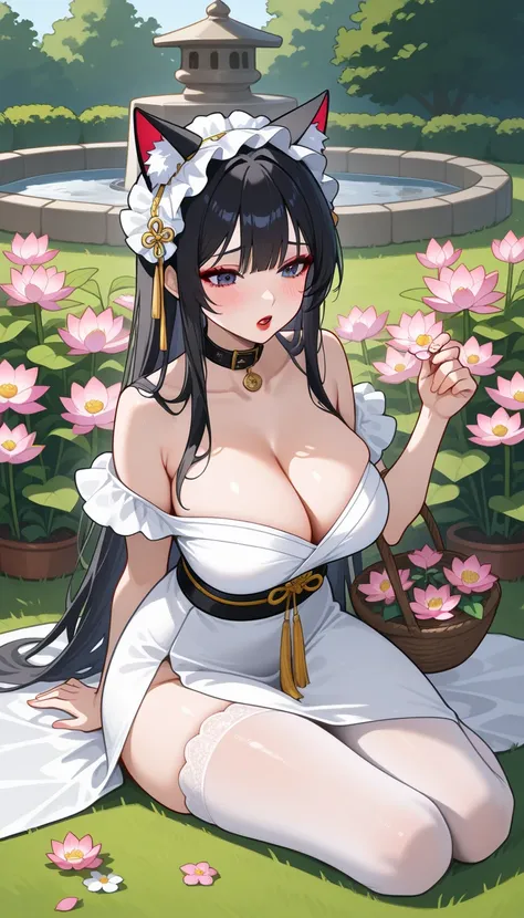 bust， sits on the ground，Picking flowers，一个cute的女孩， well-shaped ，cute，flirtatious，Baby Face Big Breasts，Short， has long black hair， red lips，Half open mouth，Blush，Eyeshadow，shy，Collar，Cat ears， showing cleavage ，Wearing a white high-slit cheongsam， white s...