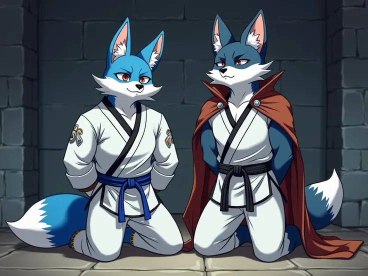 dungeon wall background, multiple, duo focus, 2characters, 2fox, anime, furry, bara, male, muscle, BREAK, 
(taekwondo_fox:1.4, blue fur with white accent, ((wearing white martial arts uniform:1.4, long sleeves:1.4, long pants:1.4), (black V-neck collar:1.4...