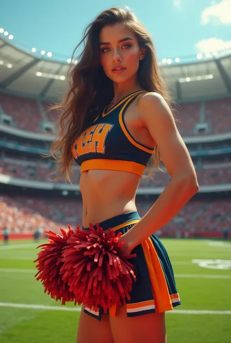 Create a high quality image, young woman, cheerleader clothing, dynamic poses, voluptuous, elegant, beautiful, football stadium scene.