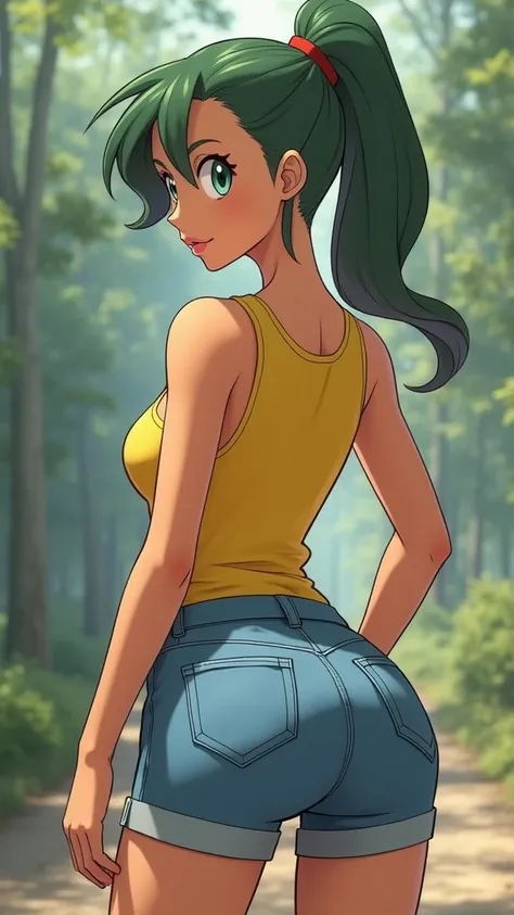 Misty from Pokemon,yellow Tanktop, tight jeans Shorts , ,from behind,bubble Butt , realistisch ,real photography,naughty, perfect face with different pose and style