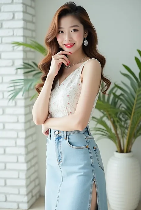 Beautiful Korean girl with dark brown hair, long blonde hair, curly ends, wearing red lips mixed with light pink, clear shiny lip gloss, white dress with floral pattern, wearing a long light blue jeans skirt with a slit on the left side, wearing small whit...