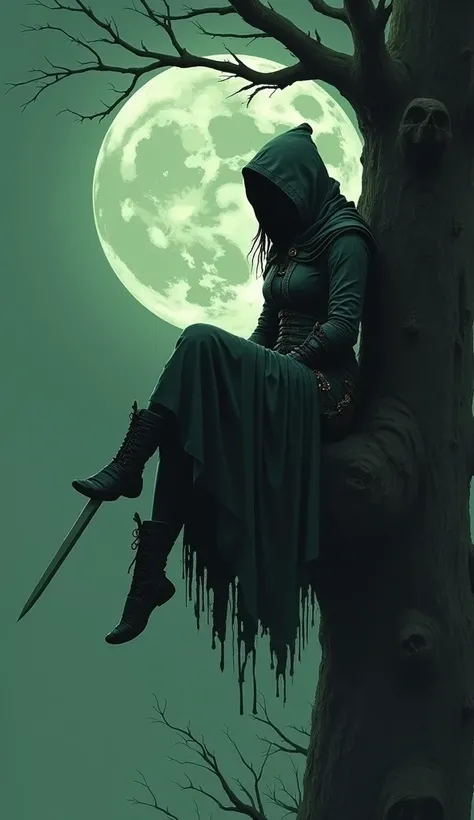 A hooded female figure sits on the edge of an old tree, holding a sword in one hand, Barefoot, rugged minimal armor, under a full moon, fantasy art, dark green color scheme, in the style of Simon Bisley. --ar 1:2 --personalize 2gwf1qc --stylize 750 --v 6.1