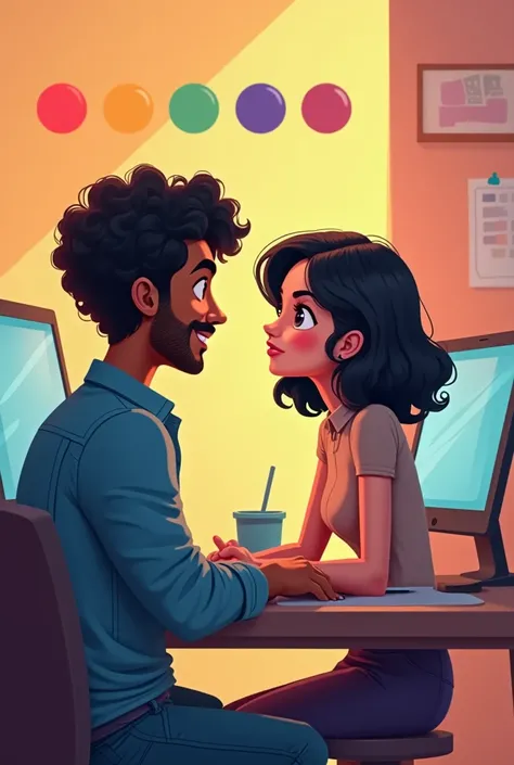 A tanned skin Indian male manager with black curly hair sitting at his work desk. The back of his laptop has a backdrop of 5 same size rounds in a row with colours red, yellow, green, purple and blue. The manager is dressed in jeans and blue denim jacket. ...