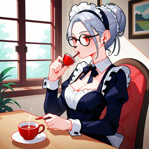 Throwing, 1 elegant looking old lady, Old woman, anthropomorphic hamster, furry, Square glasses, Red eyes, silver hair, Victoria Maid, elegantly drinking tea from a teacup, sitting on an antique cushioned chair Artistic windows that let in light, overlays