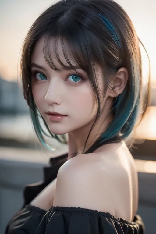  best quality , Masterpiece,  super high resolution, ( realism: 1.4),   Original Pictures ,  1 girl,  green eyes,  off shoulder,  Cinematic Lighting,   blue hair , At sunset