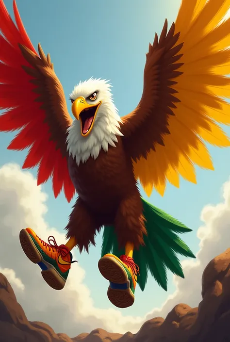 Make an animated drawing fierce eagle, with red left wings and yellow color right wings and green color tails wearing animated lebron shoes
