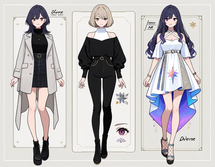 4 adult girls, outfit designs, diverse outfits, full body character design, outfit design, fashion concept art, full character design, colored concept art, character designs, clothing concept, , [ character design ],
