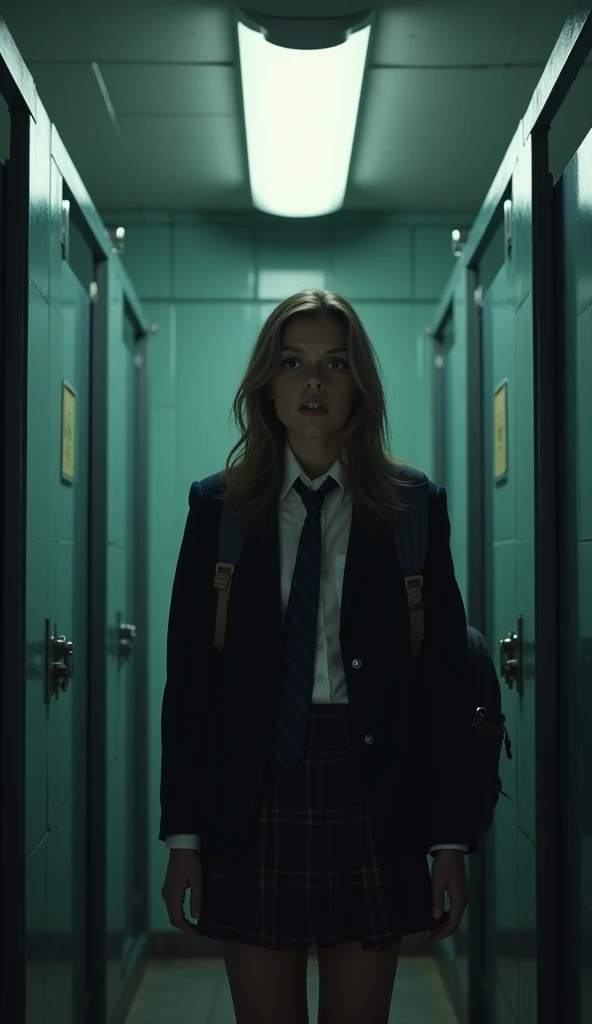 An American high school student, wearing a classic school uniform (white button-up shirt, navy blue blazer, plaid skirt or trousers, and a tie), stands frozen in fear in a dimly lit school bathroom. The student has a backpack slung over one shoulder, and t...