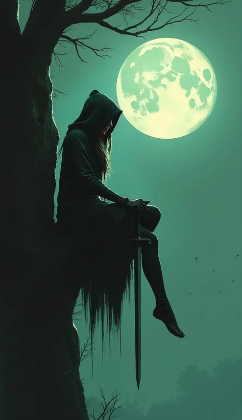 A hooded female figure sits on the edge of an old tree, holding a sword in one hand, Barefoot, rugged minimal armor, under a full moon, fantasy art, dark green color scheme, in the style of Simon Bisley. --ar 1:2 --personalize 2gwf1qc --stylize 750 --v 6.1