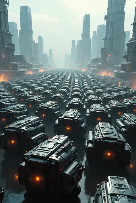 A zoomed out view of a futuristic military army with advanced weapons, hover laser tanks