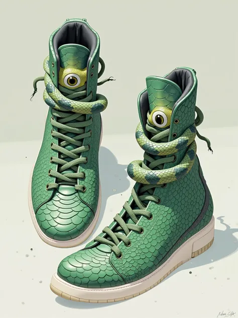 Illustrate a pair of high-top sneakers inspired by the characteristics of a snake. Imagine them to be made of high-quality, faux-snake skin material in varying shades of green, having certain unique features like scale patterns across the outer layer, snak...