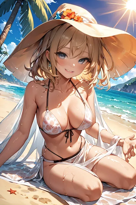 
 wearing a sexy bikini with thin straps and a deep neckline、Beautiful and bewitching women 。The wet fabric adheres closely to her body 、Highlights her curvaceous beauty。 wears a transparent pareo around her waist 、Swaying in the wind。 her skin is glossy u...