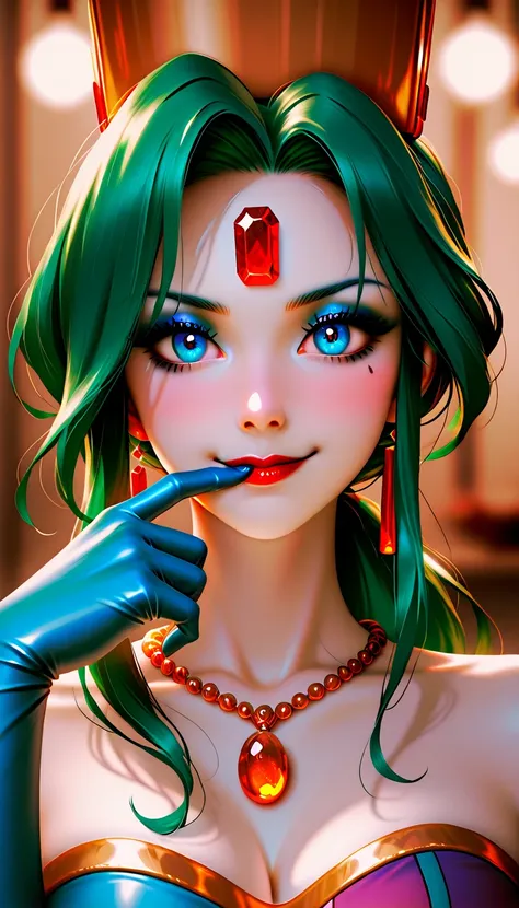  score_9, score_8_ up the side, score_7_ up the side,  Masterpiece,  high resolution,  glittering clothes ,  1 girl, Heavy makeup,Atsugesho ,  green hair, white skin , Red gem on forehead, 、I'm putting powderpuff on my face。, Red lipstick,  eyeshadow, ,  b...