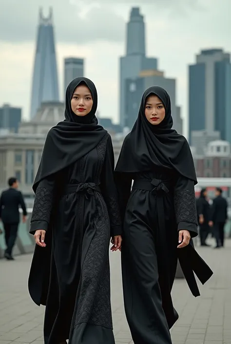 two beautiful asian women wearing black kebaya, black batik cloth and black hijab walking towards the camera, with the city of london in the background, hdr+