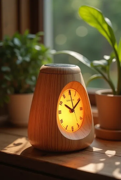 please show as an imaginary picture of our product solar lamp clock? it's housing is made of woody materials and it's in a form of lamp style 