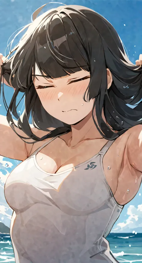 masterpiece,best quality, solo, eda, bangs, black hair, upper body,blue sky,cloud, shy expression, medium breast, hot, thicc, swimsuit , ocean, water, she is tying her hair, she is shy, embarrassed , she is embarrassed, dynamic pose, close shot, upper body...