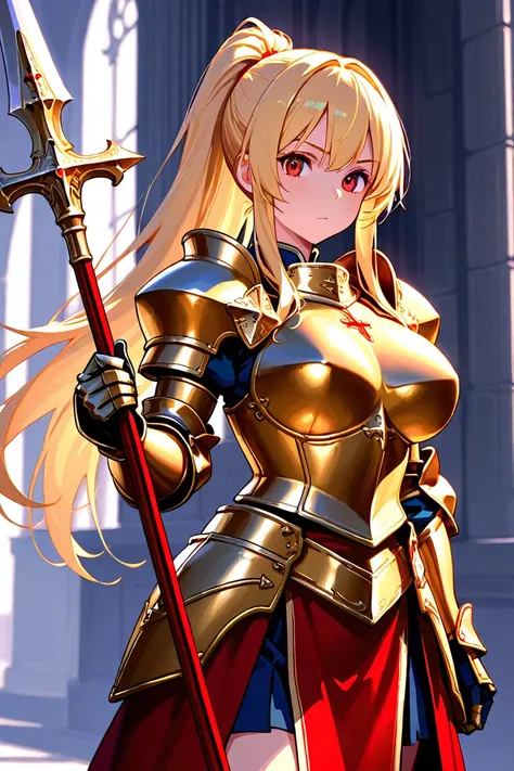 8k,masterpiece, best quality, ultra detailed, high resolution, super fine illustration, 1girl, solo, red eyes, blonde hair, long hair, ponytail, sidelocks,large breasts, knight,helm,gold armor, gauntlets, cowboy shot, holding spear,looking at viewer,