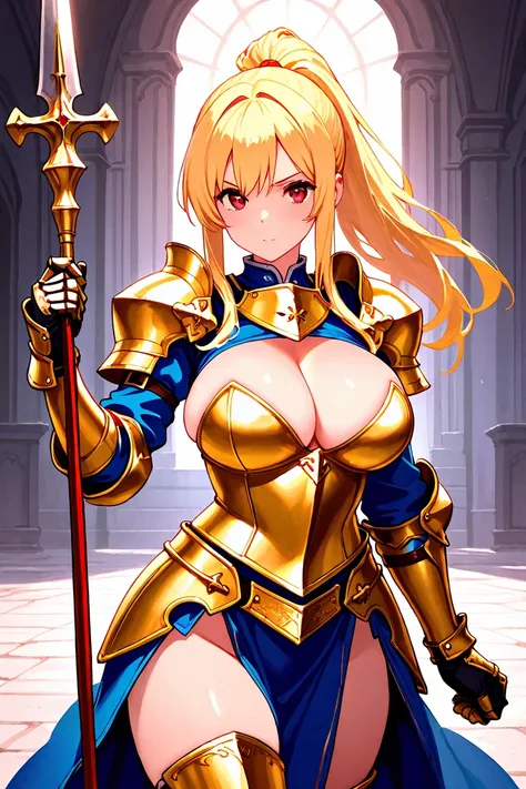 8k,masterpiece, best quality, ultra detailed, high resolution, super fine illustration, 1girl, solo, red eyes, blonde hair, long hair, ponytail, sidelocks,large breasts, knight,helm,gold armor, gauntlets, cowboy shot, holding spear,looking at viewer,