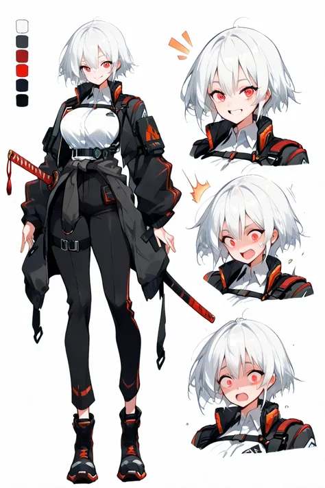 high quality, 8K Ultra HD,female, short white hair, cool red eyes, anime, female, medium sized breasts, thighs, slim figure, white shirt, short black techwear jacket with red on the inside, techwear outfit, black pants, asymmetrical straps, straps, cool po...