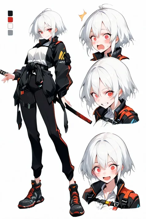 high quality, 8K Ultra HD,female, short white hair, cool red eyes, anime, female, medium sized breasts, thighs, slim figure, white shirt, short black techwear jacket with red on the inside, techwear outfit, black pants, asymmetrical straps, straps, cool po...