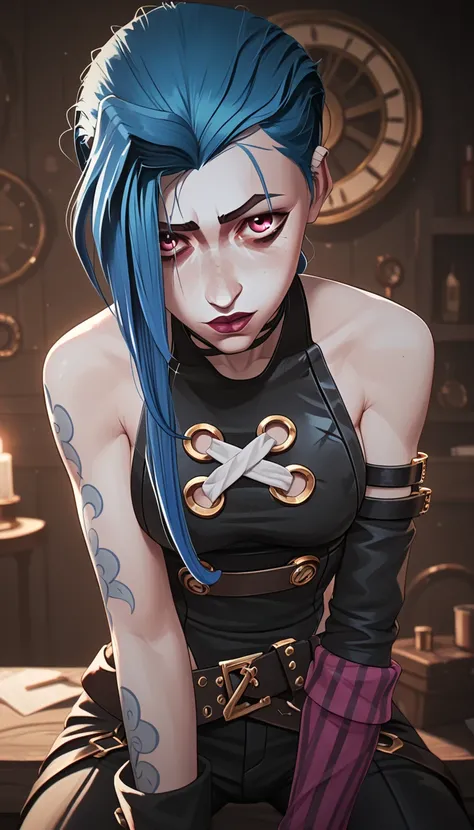 snucleus_9,snucleus_8_ upwards,nucleus_7_ upwards,Jinx,   in a mystical style   , steampunk, darkness,   Dark Composition   , red and blue tones, in a mystical style    ,   very sexy  , funny,   purple-pink eyes  ,  blue hair,    cleavage   ,   clothes   ,...